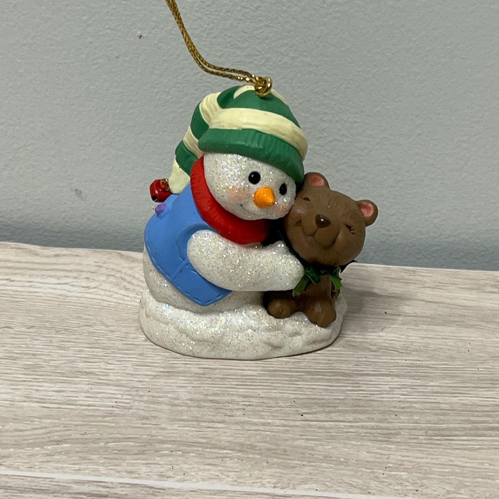 Hallmark 2002 Snowman Hugging Teddy Bear Christmas Ornament Glittery